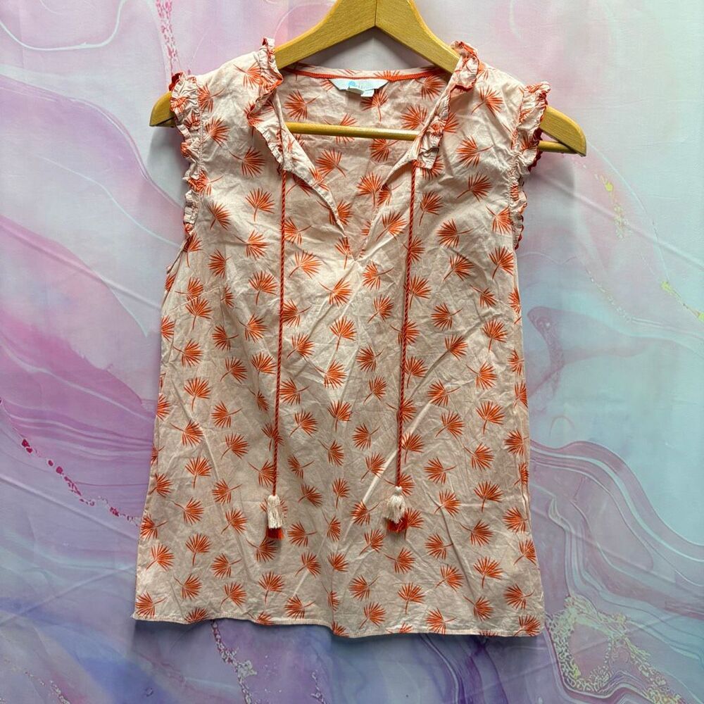 Boden 6 Pink Red Tropical Sleeveless Blouse Ruffles Artsy Preppy Girly Boho Chic